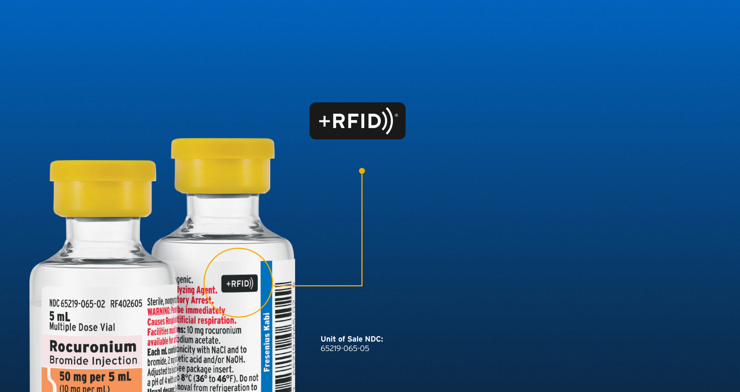 Image of two vials of Rocuronium Bromide Injection with yellow caps, featuring RFID technology and a blue background.
