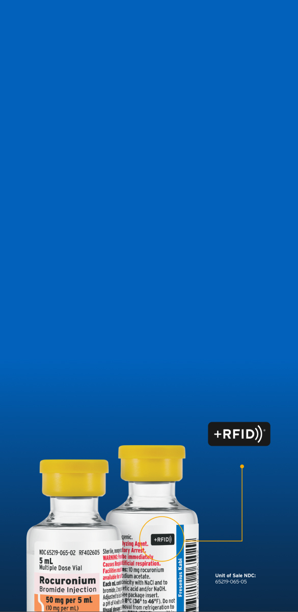 Image of two vials of Rocuronium Bromide Injection with yellow caps, featuring RFID technology and a blue background.